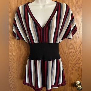 BCX Striped Top Multi Color Short Sleeve V Neck Acrylic Shirt Women's Size Med.